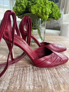 Tamara Mellon Leather Red Wrap Ankle Stilettos Shoes Size 37